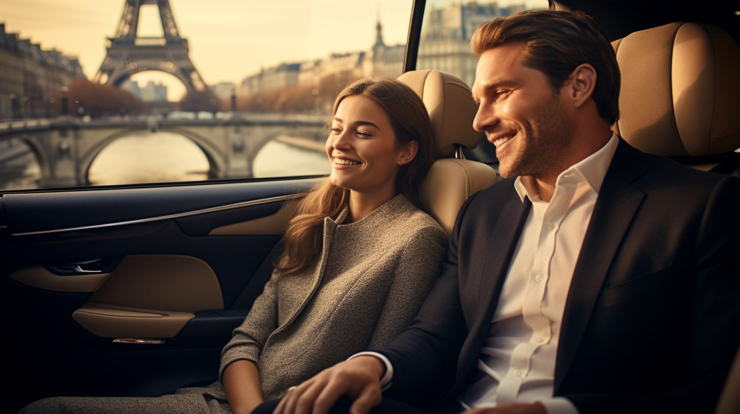 A happy couple in a luxury car enjoying a chauffeur service with the Paris cityscape in the background.