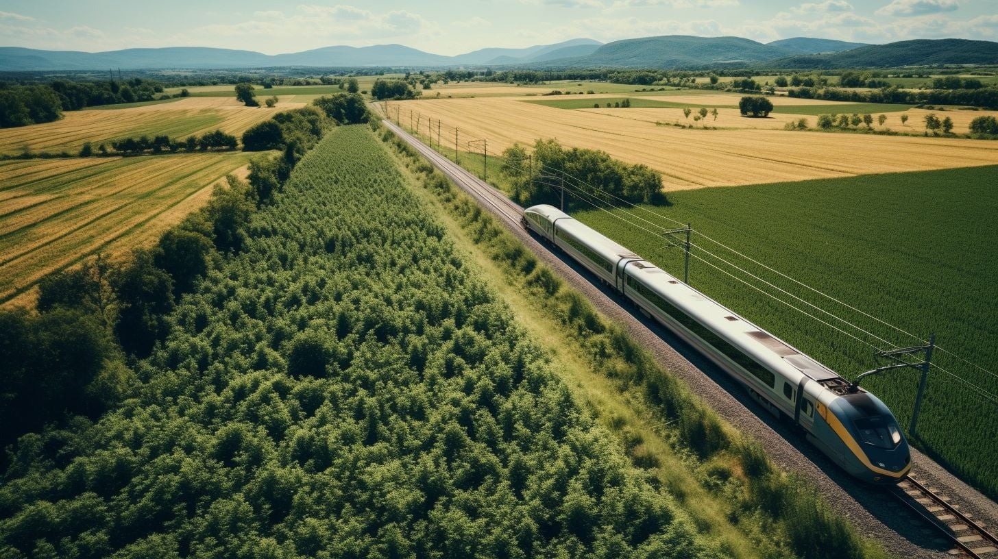 A drone captures an aerial view of a speeding train moving through scenic countryside.