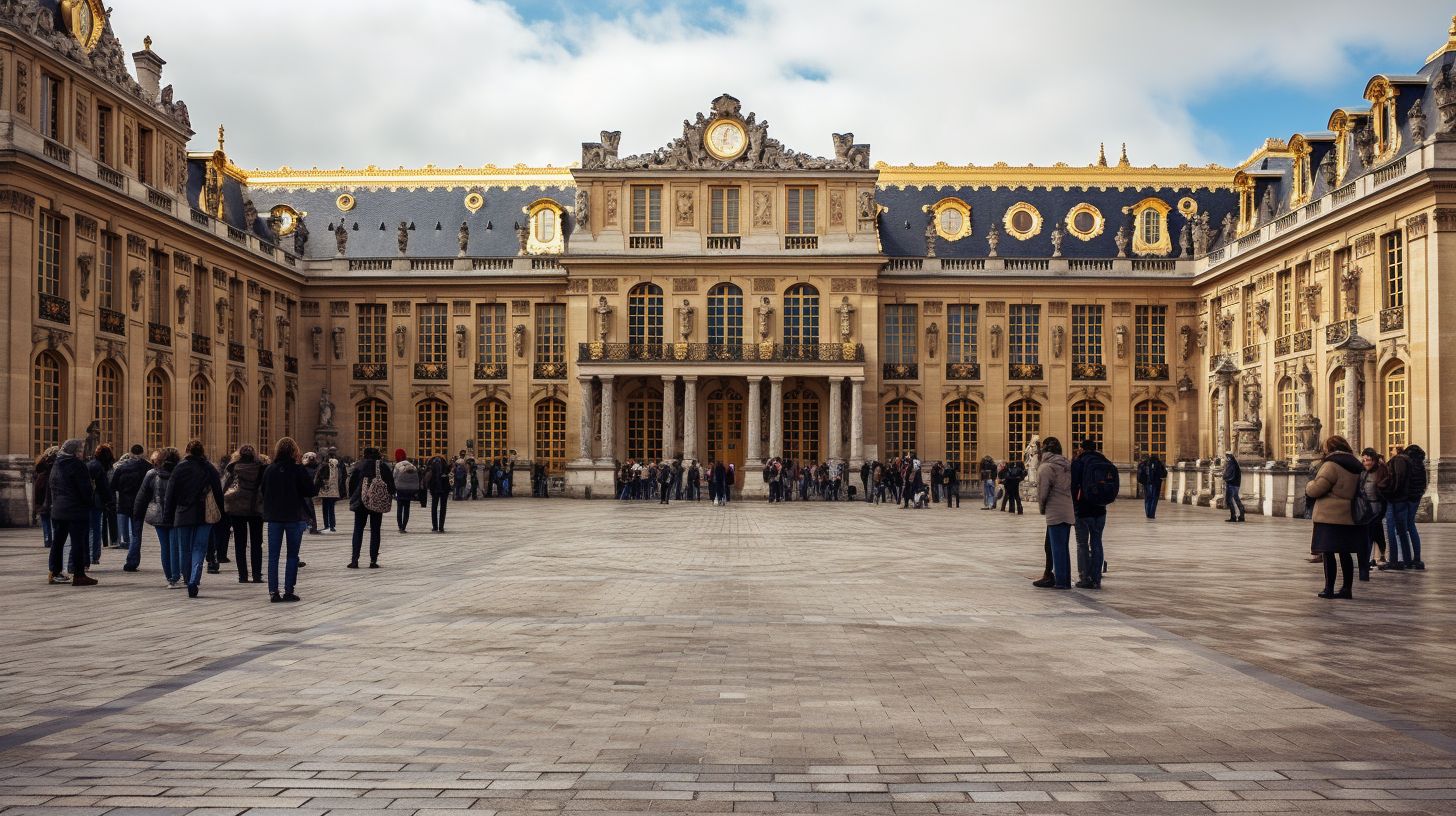 A group of tourists walking through the grand entrance of Versailles Palace, captured with a wide-angle lens.