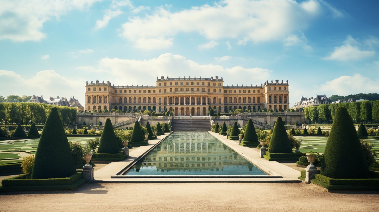 A beautiful view of the Palace of Versailles from a distance, captured with a wide-angle lens.