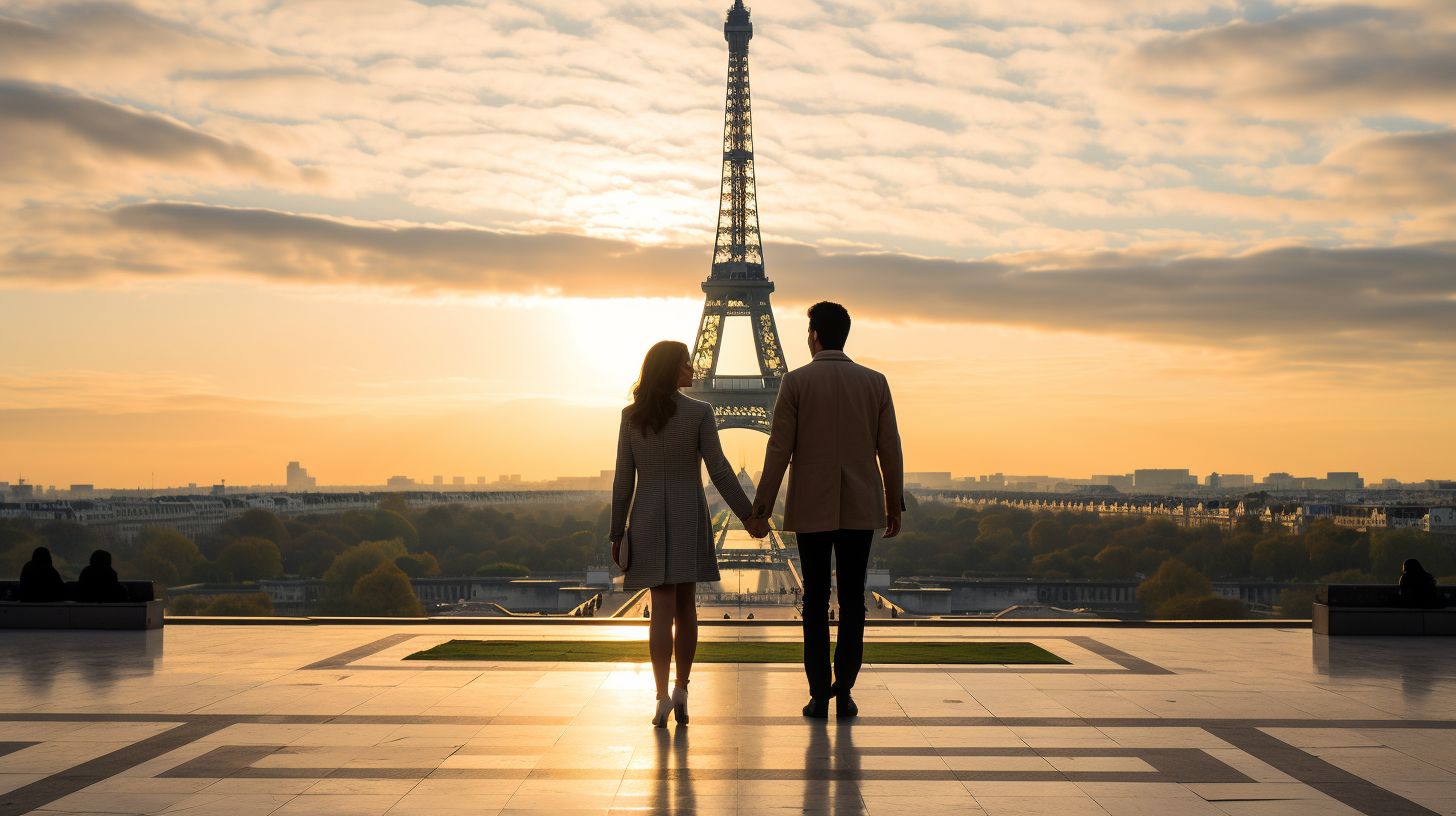 A Caucasian couple standing in front of the Eiffel Tower, captured with a wide-angle lens in natural color.