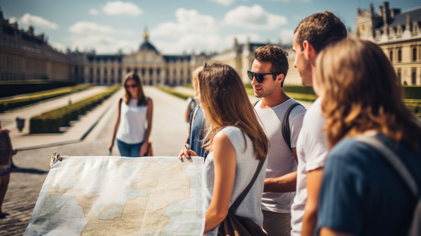 A group of tourists, mainly Caucasian, are looking at a map of Versailles in a cityscape photography.