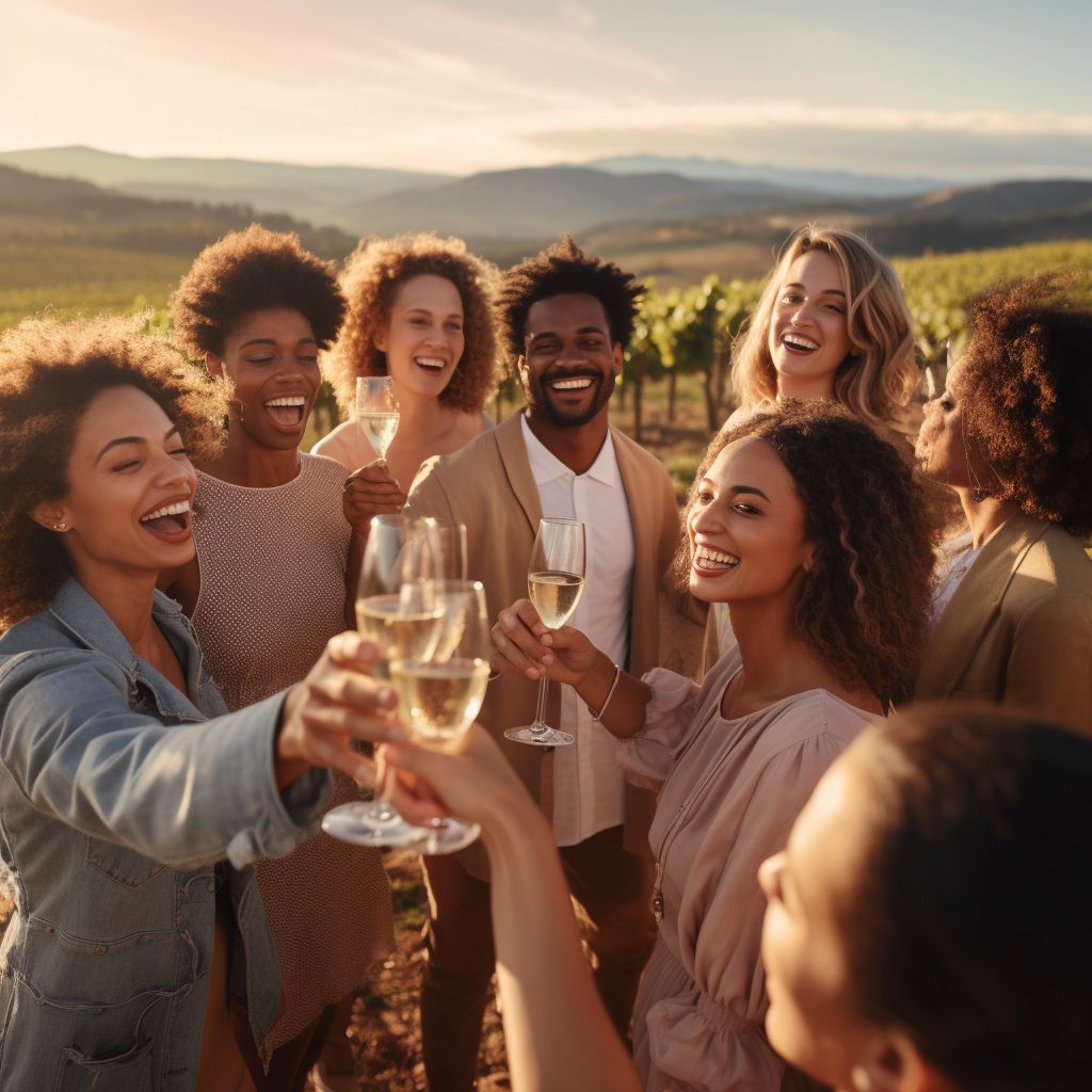 A group of friends raise their champagne glasses in a toast at a picturesque vineyard.