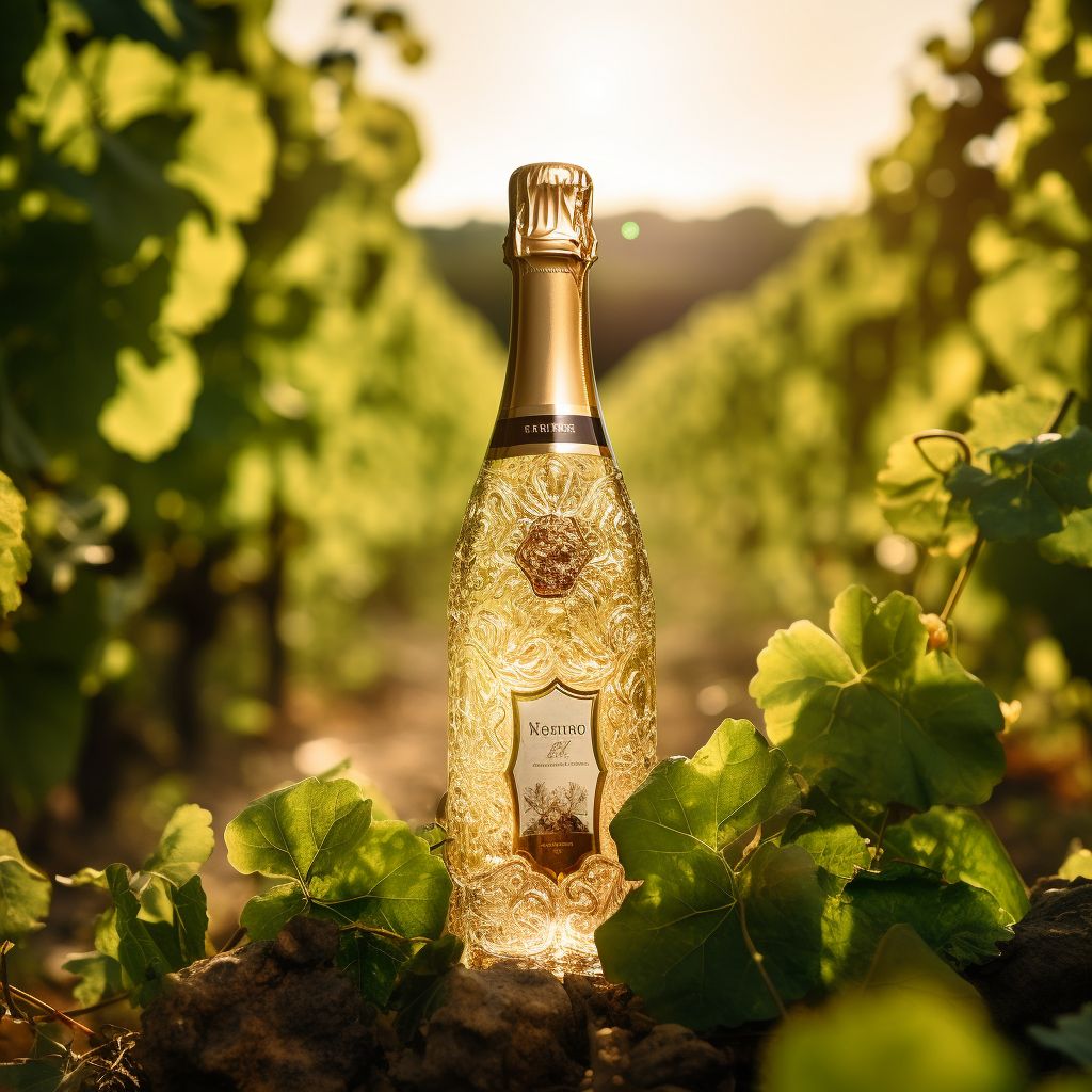 An elegant champagne bottle in a picturesque vineyard, captured with a macro lens to highlight intricate details.