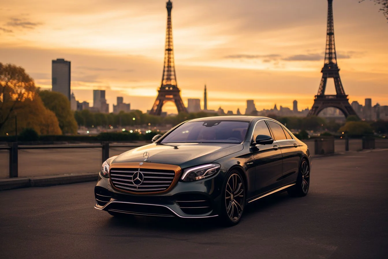 A limousine parked in front of the Eiffel Tower during a vibrant sunset in Paris.