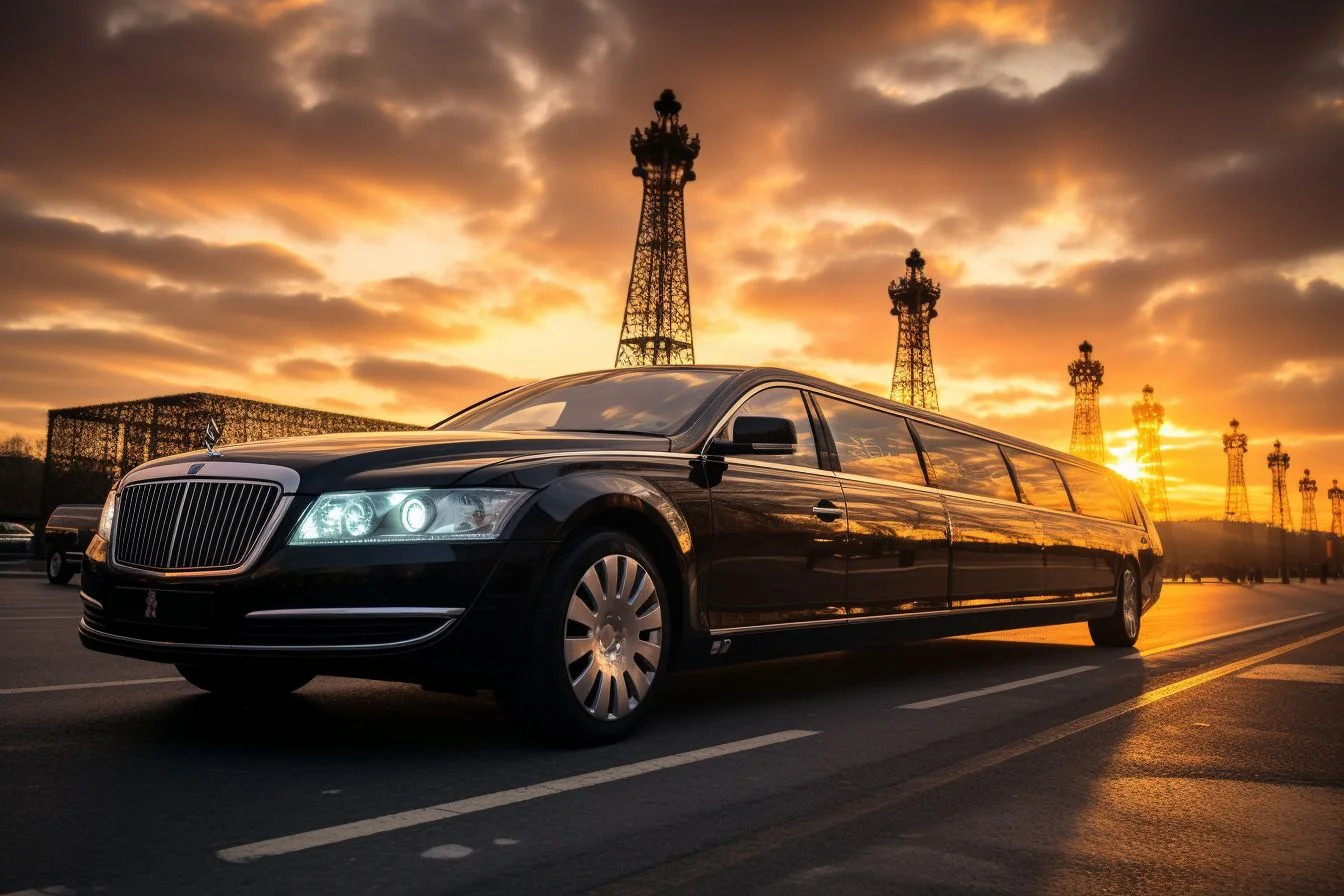 A limousine parked in front of the Eiffel Tower during a vibrant sunset in Paris.