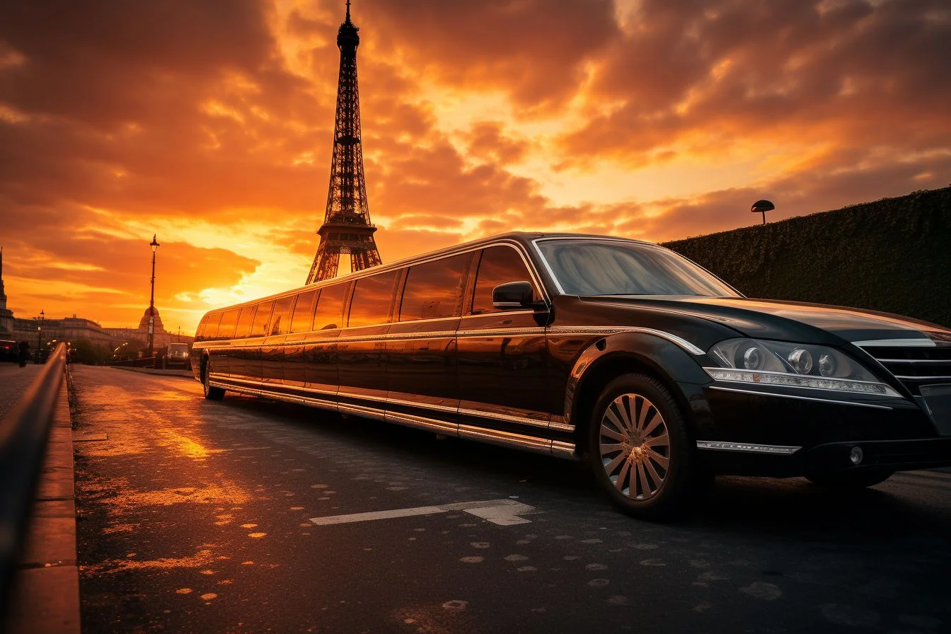 A limousine parked in front of the Eiffel Tower during a vibrant sunset in Paris.