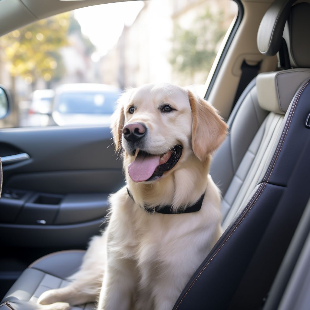 A content dog sits happily in the backseat of a luxurious private car.