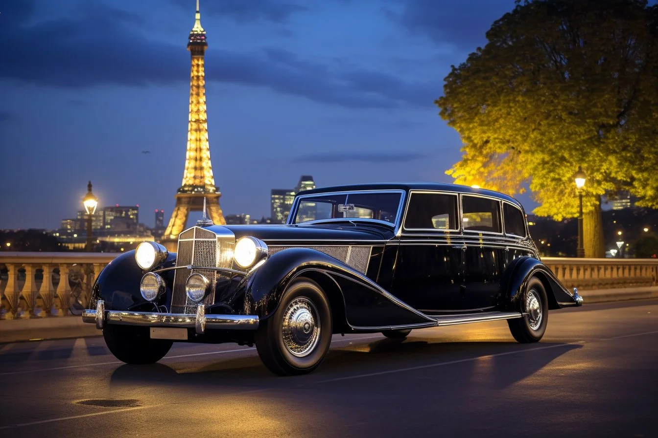 A limousine is parked in front of the Eiffel Tower at dusk, highlighting its grandeur.