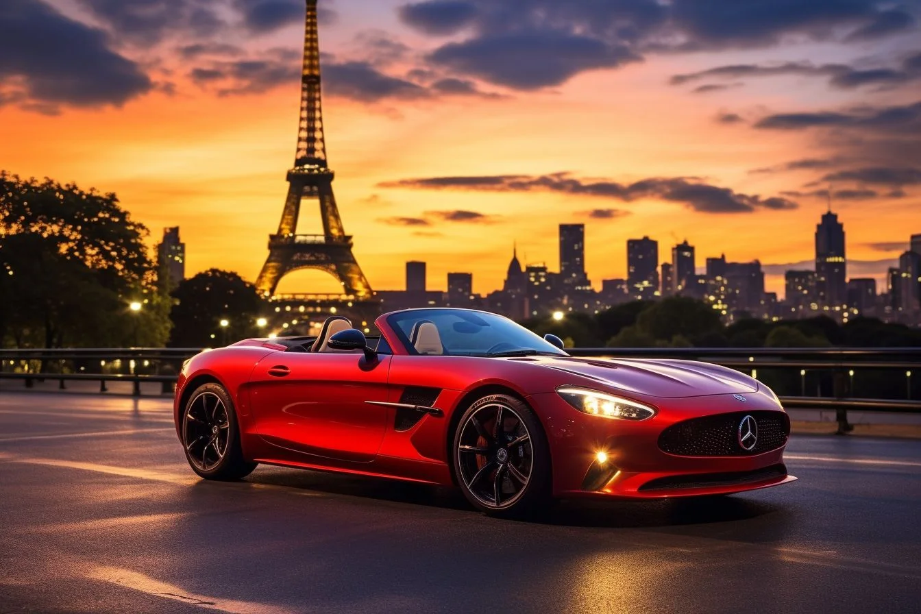 A limousine is parked in front of the Eiffel Tower at dusk, highlighting its grandeur.