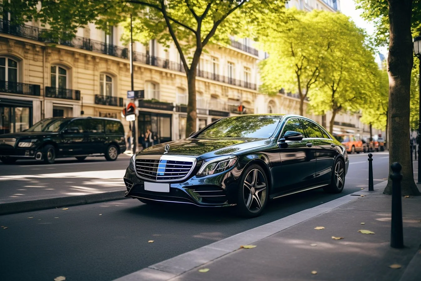 A Mercedes-Benz limousine driving on the streets of Paris, captured with a wide-angle lens.