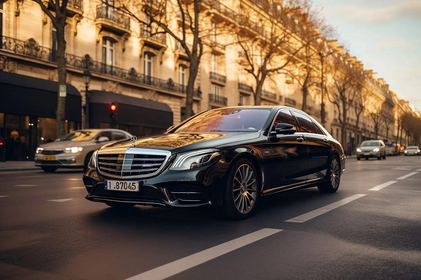 A Mercedes-Benz limousine driving on the streets of Paris, captured with a wide-angle lens.