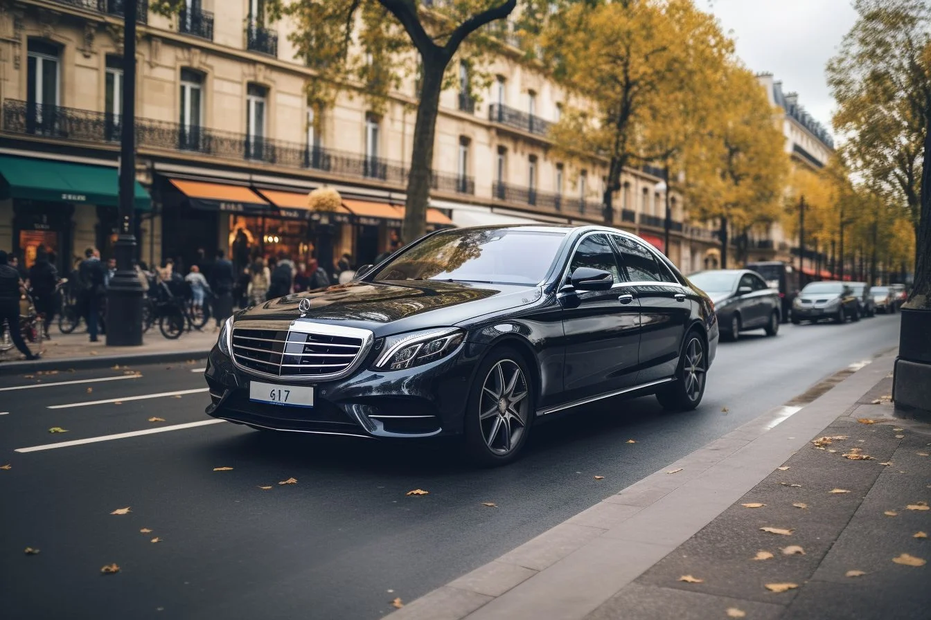 A Mercedes-Benz limousine driving on the streets of Paris, captured with a wide-angle lens.