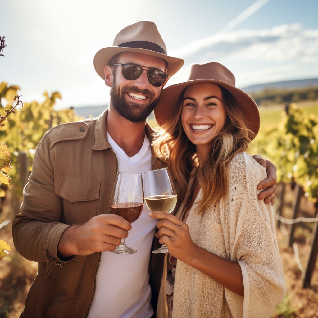 A cheerful couple celebrates with champagne in a beautiful vineyard during the harvest season.