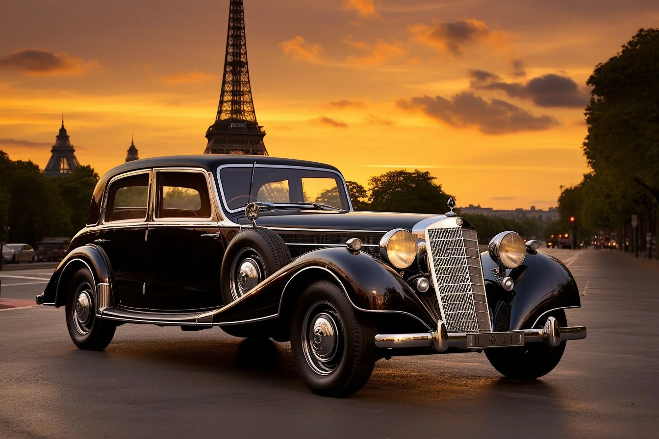 A black Mercedes limousine parked in front of the Eiffel Tower at sunset.