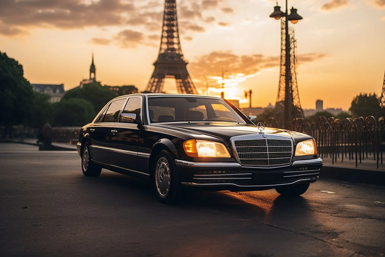 A black Mercedes limousine parked in front of the Eiffel Tower at sunset.