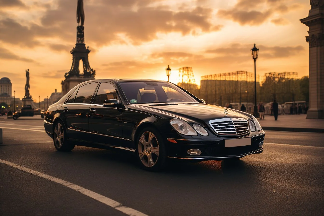 A black Mercedes limousine parked in front of the Eiffel Tower at sunset.