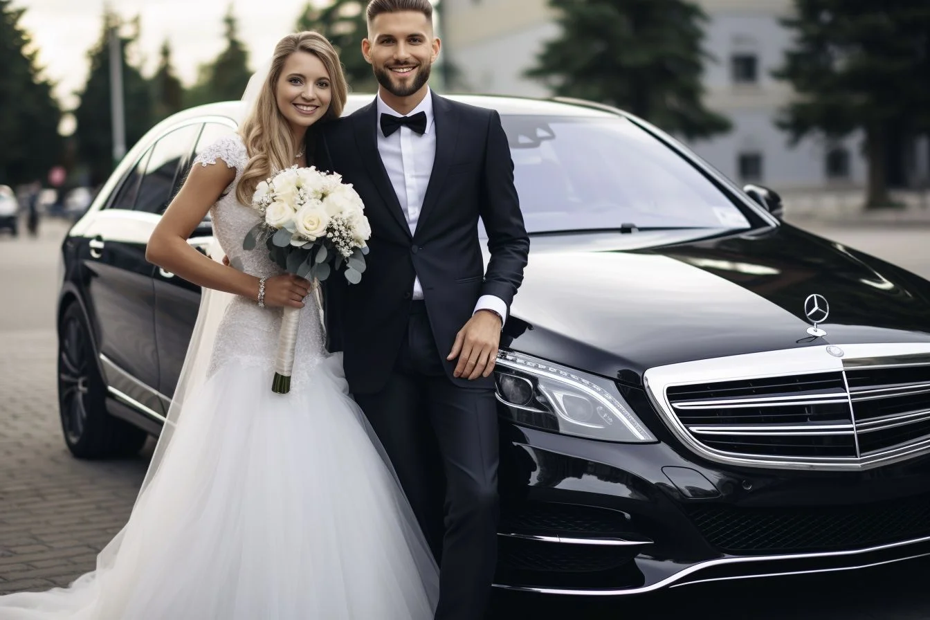 A glamorous wedding couple posing in front of a black limousine.