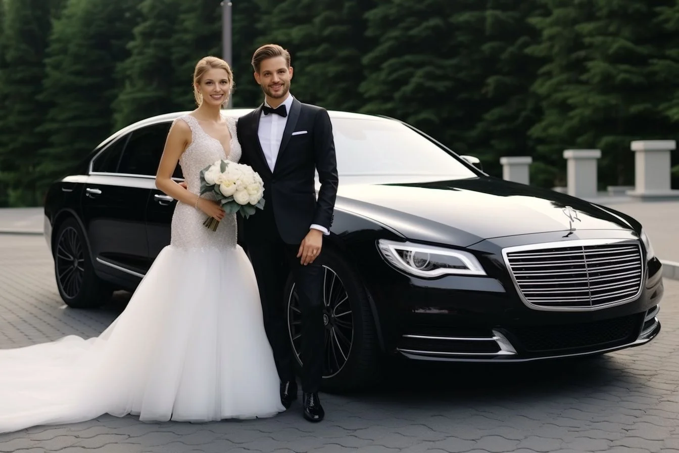 A glamorous wedding couple posing in front of a black limousine.