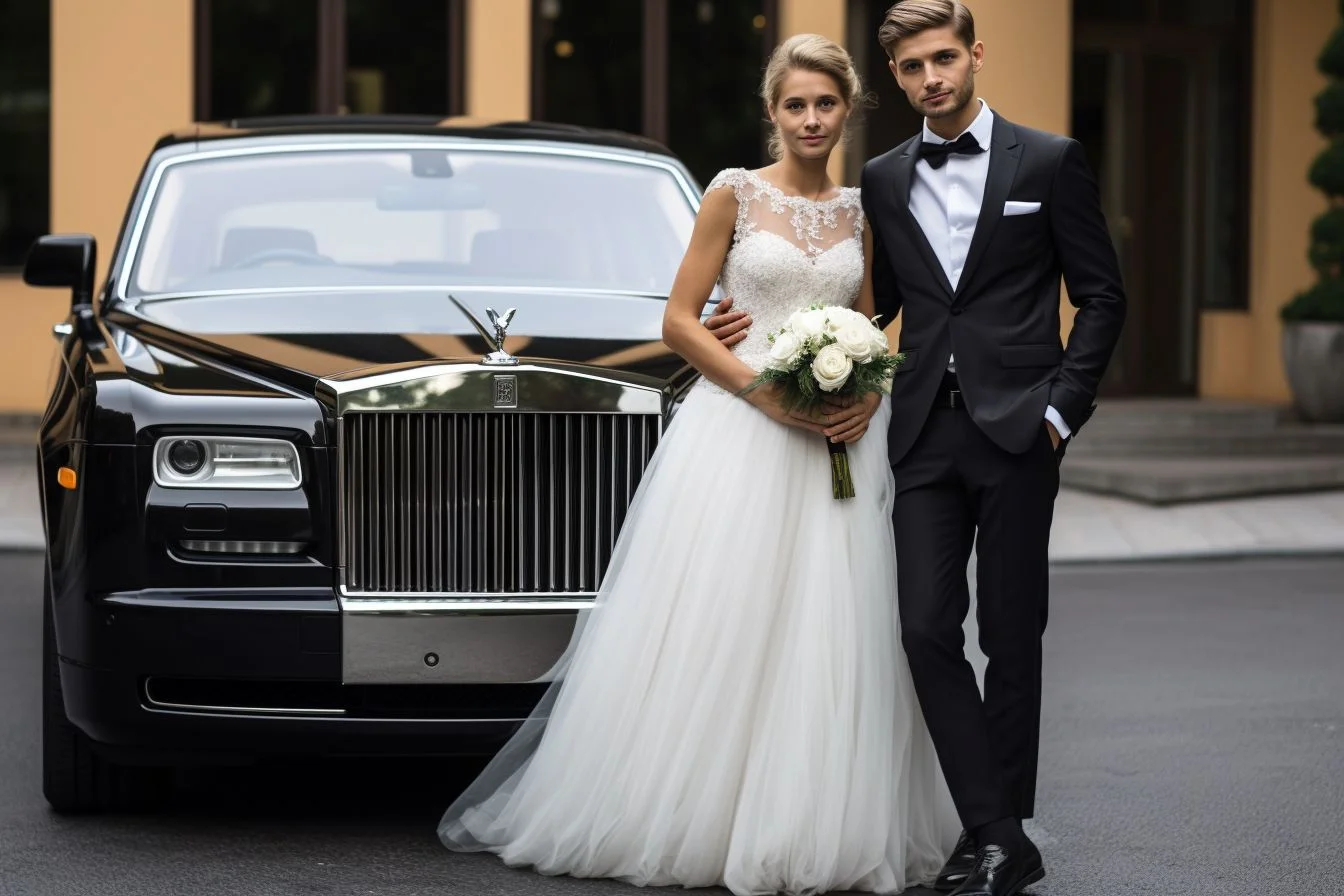 A glamorous wedding couple posing in front of a black limousine.