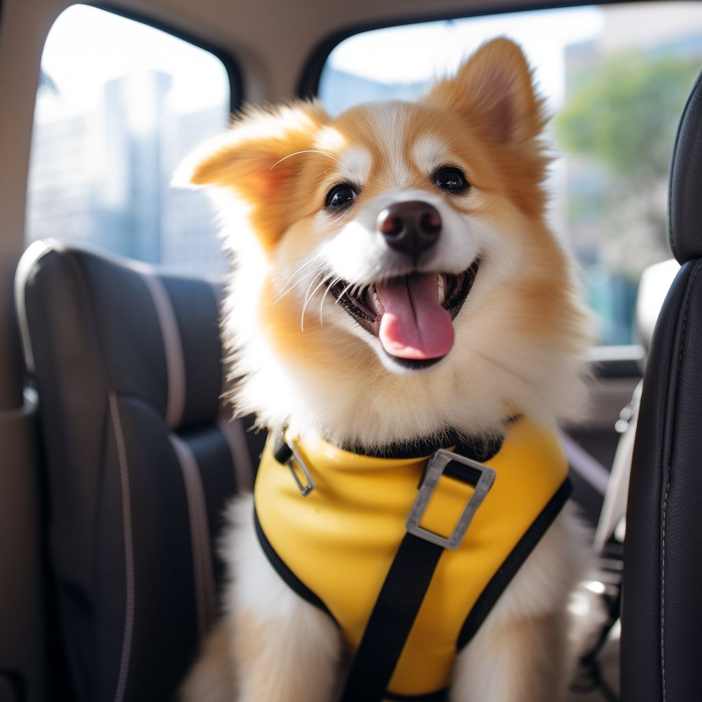 A content pet enjoys a comfortable ride in a well-equipped pet taxi, taking in the scenic view.