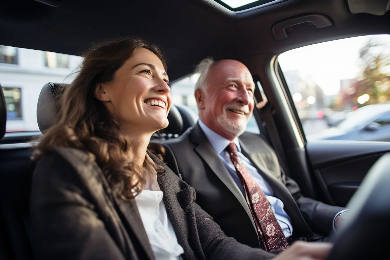 A happy couple sitting in a luxurious car with a chauffeur.