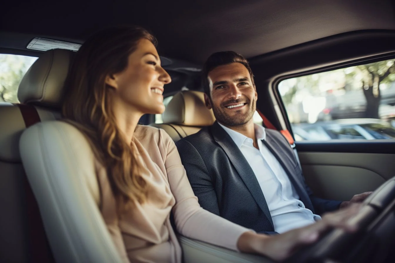 A happy couple sitting in a luxurious car with a chauffeur.