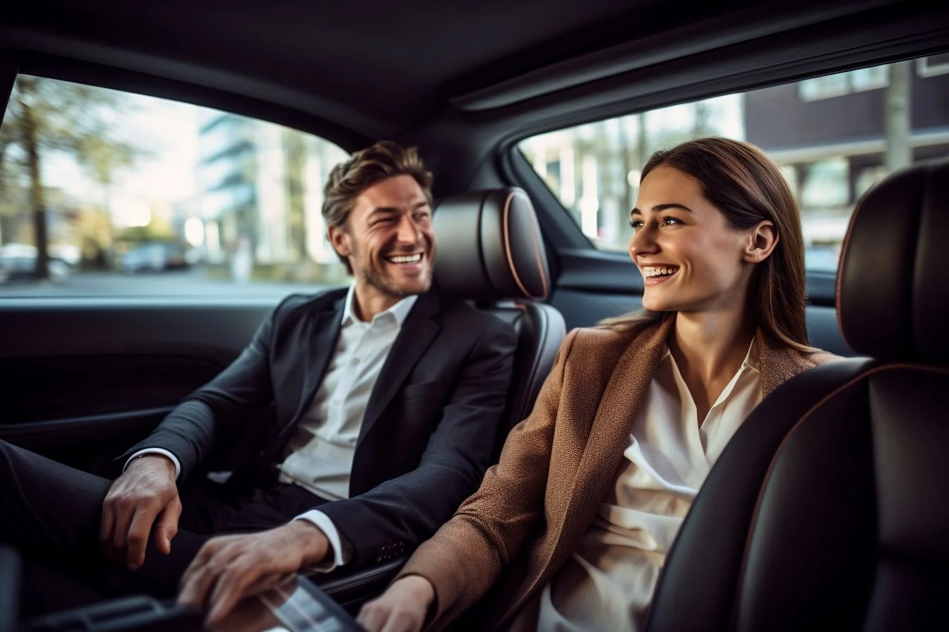 A happy couple sitting in a luxurious car with a chauffeur.
