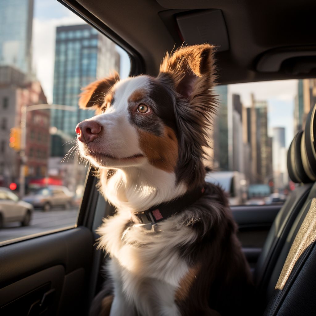 A dog in a pet taxi enjoys the view of the city through a DSLR camera.