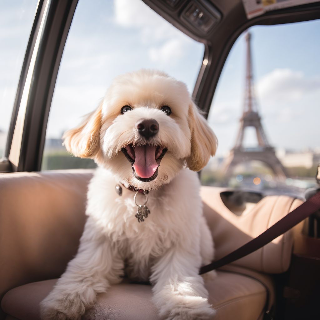 A content pet enjoys a luxurious ride with the Eiffel Tower as the backdrop.