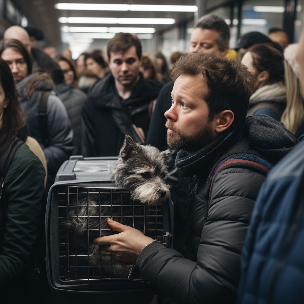 A pet owner struggling with a stressed dog in a crowded train station.