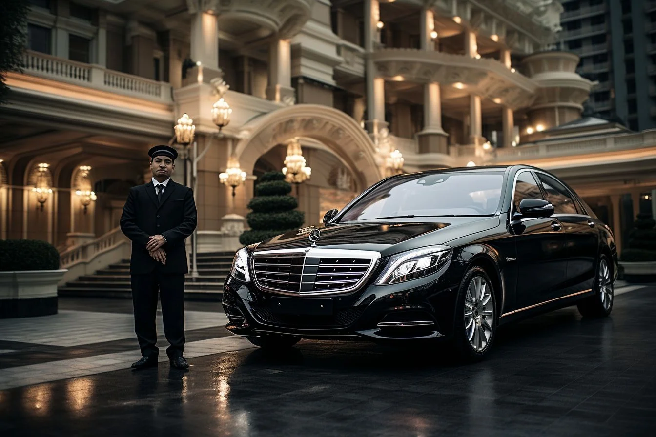 A luxurious Mercedes-Benz S-Class is parked in front of an extravagant hotel.