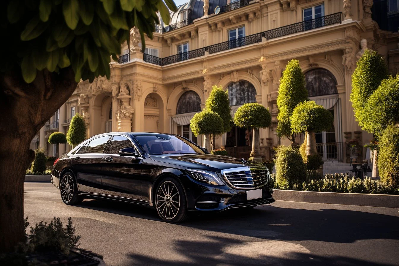 A luxurious Mercedes-Benz S-Class is parked in front of an extravagant hotel.
