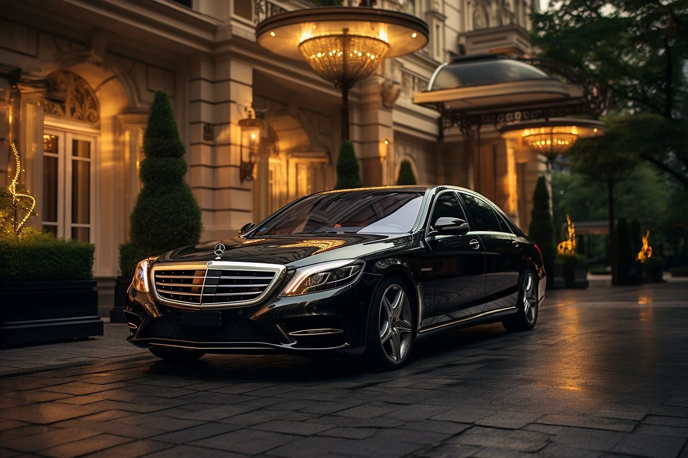 A luxurious Mercedes-Benz S-Class is parked in front of an extravagant hotel.