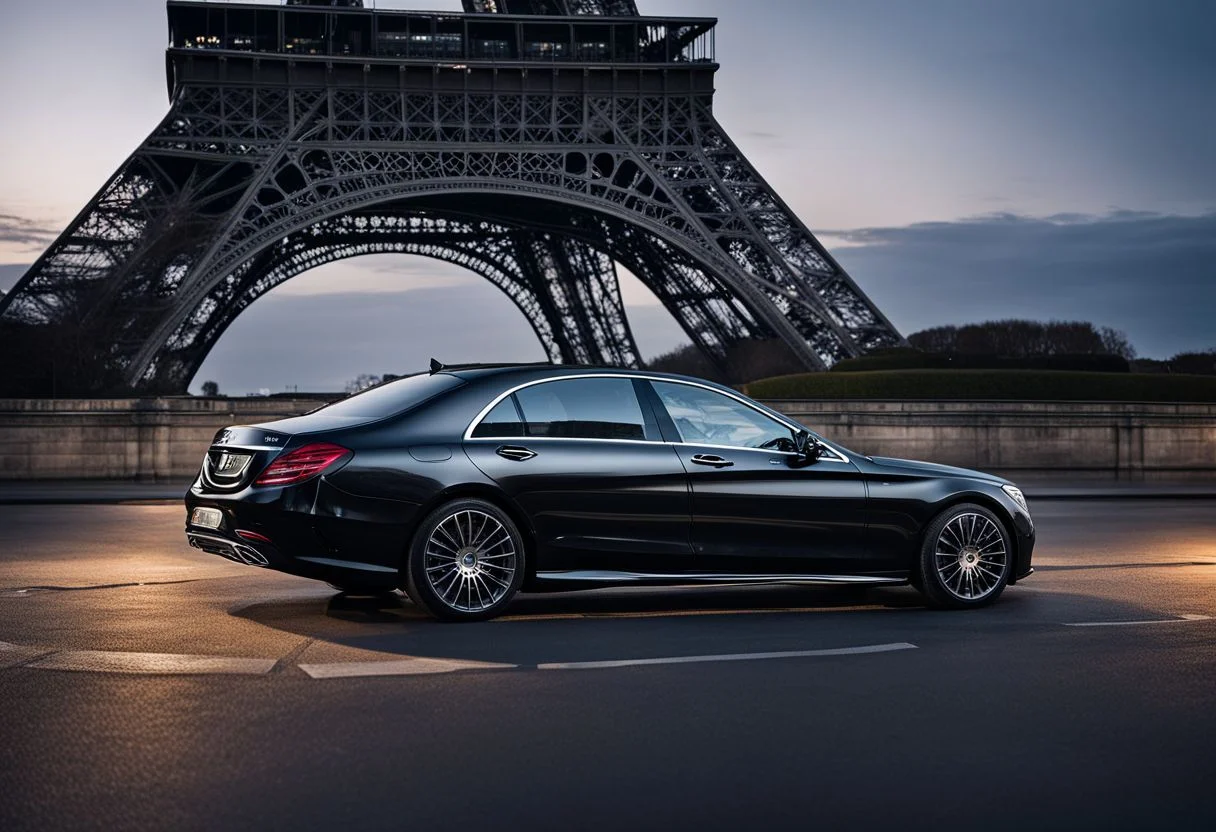 A Mercedes-Benz S-Class is parked in front of the Eiffel Tower at night amidst a bustling cityscape.