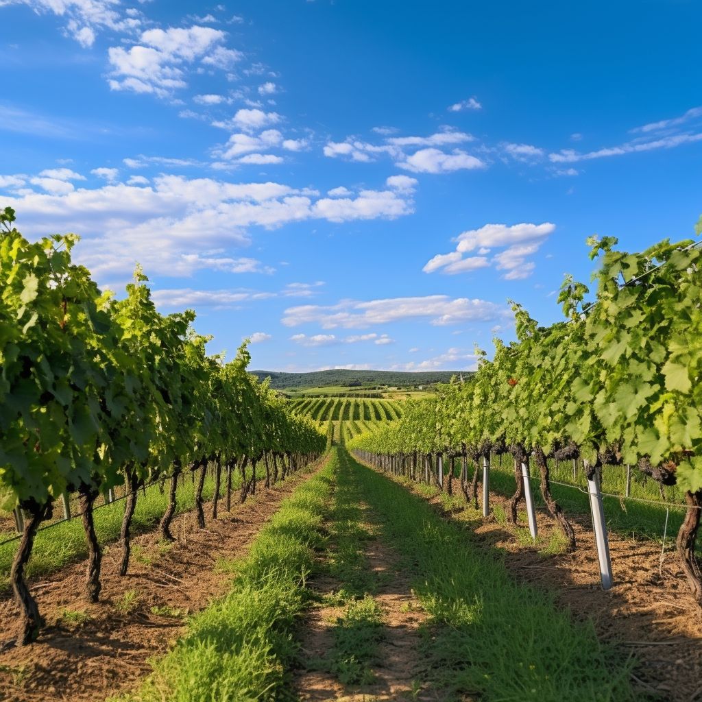 A beautiful vineyard landscape with rows of green vines stretching into the distance.