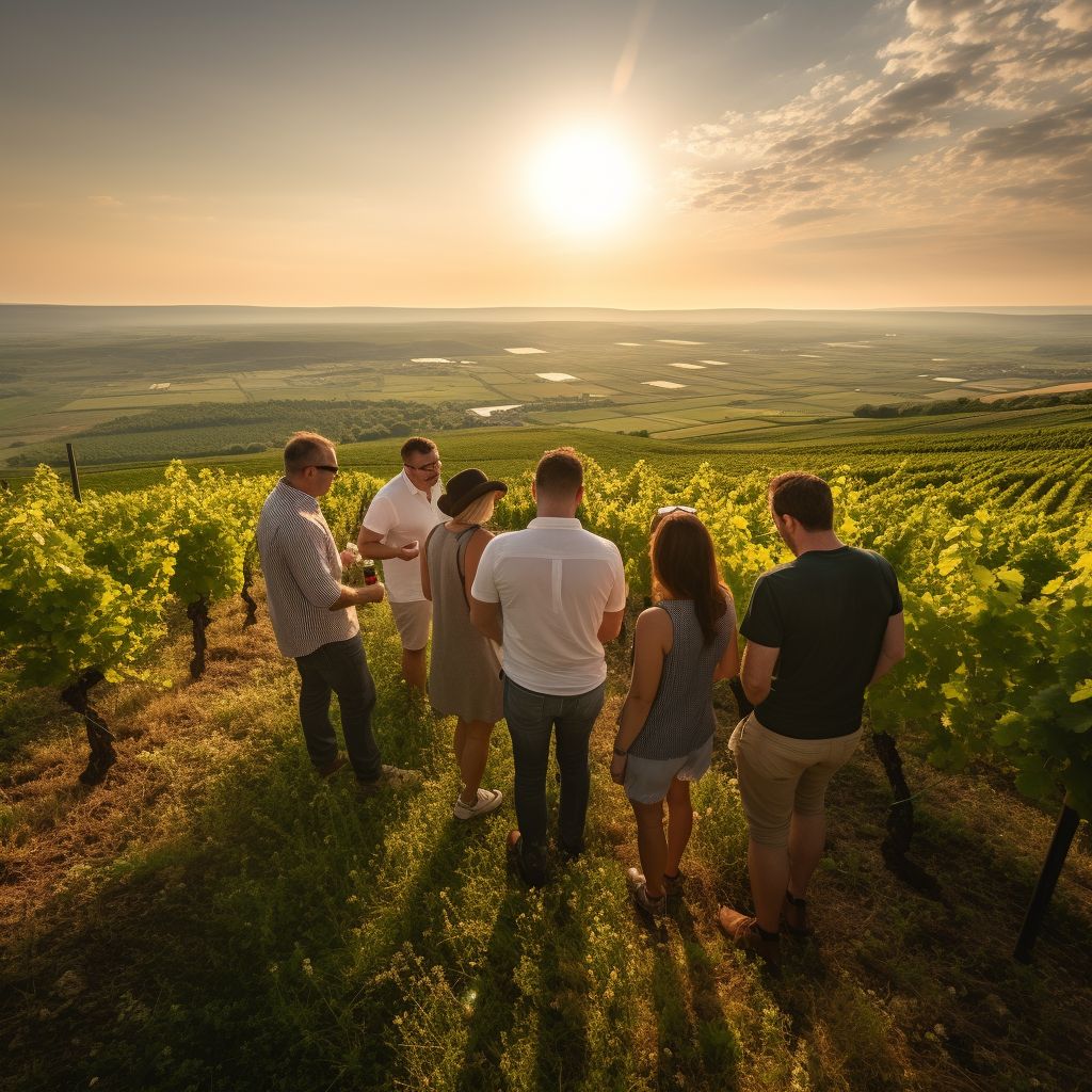 A group of tourists enjoying a champagne tasting experience at a picturesque vineyard.