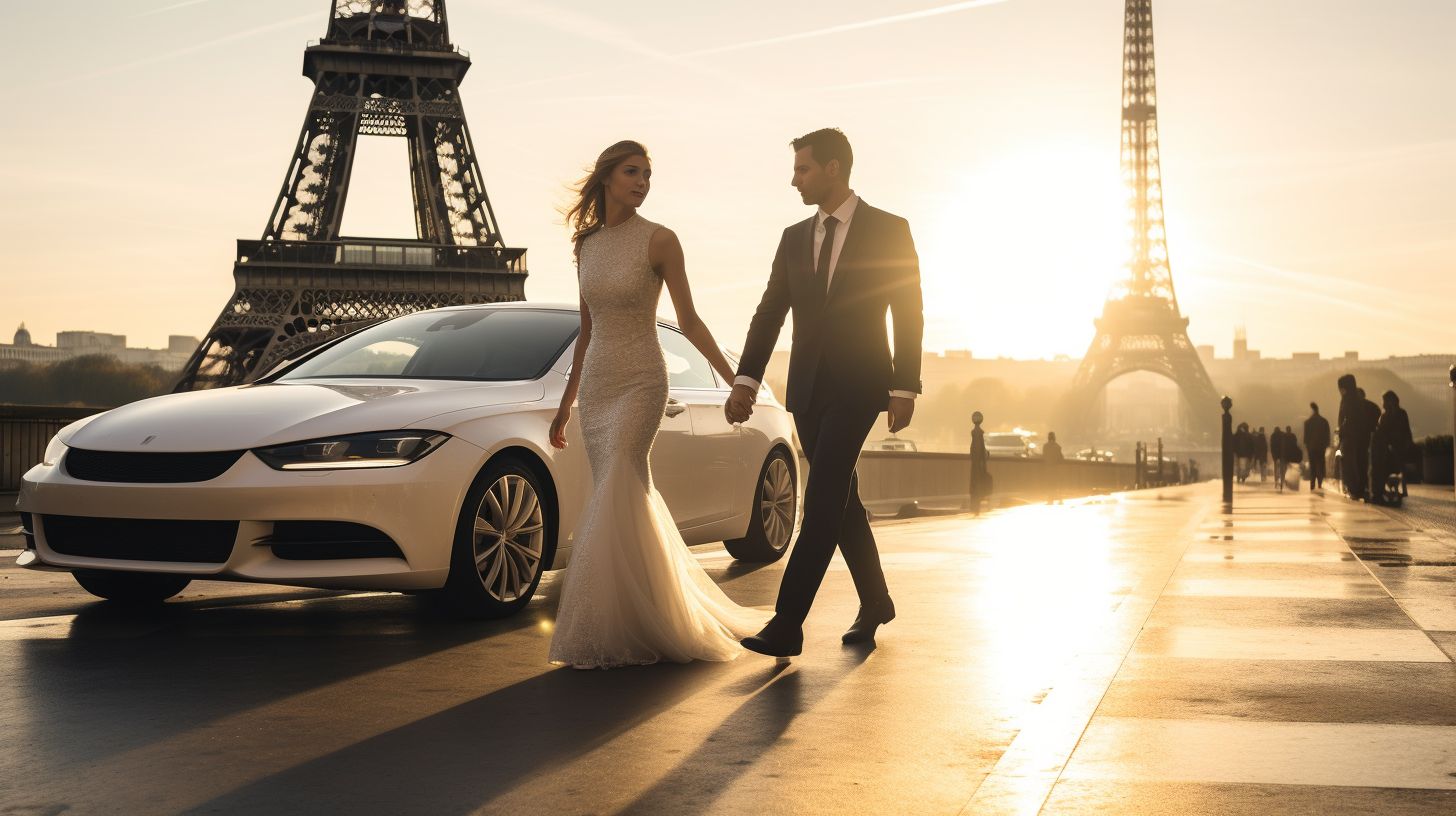An elegant couple arriving in style at the Eiffel Tower.