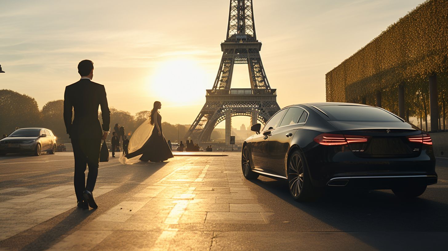 An elegant couple arriving in style at the Eiffel Tower.