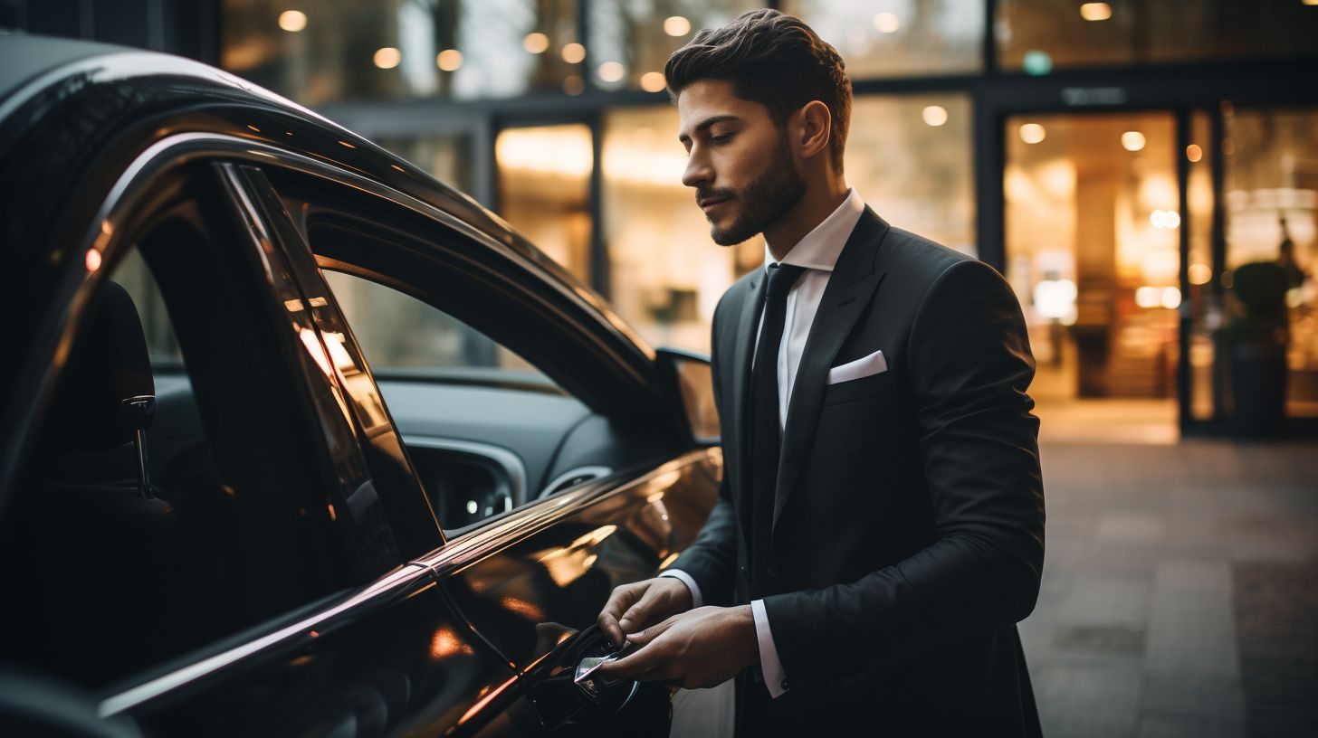A chauffeur opening the door of a luxury car for a customer.