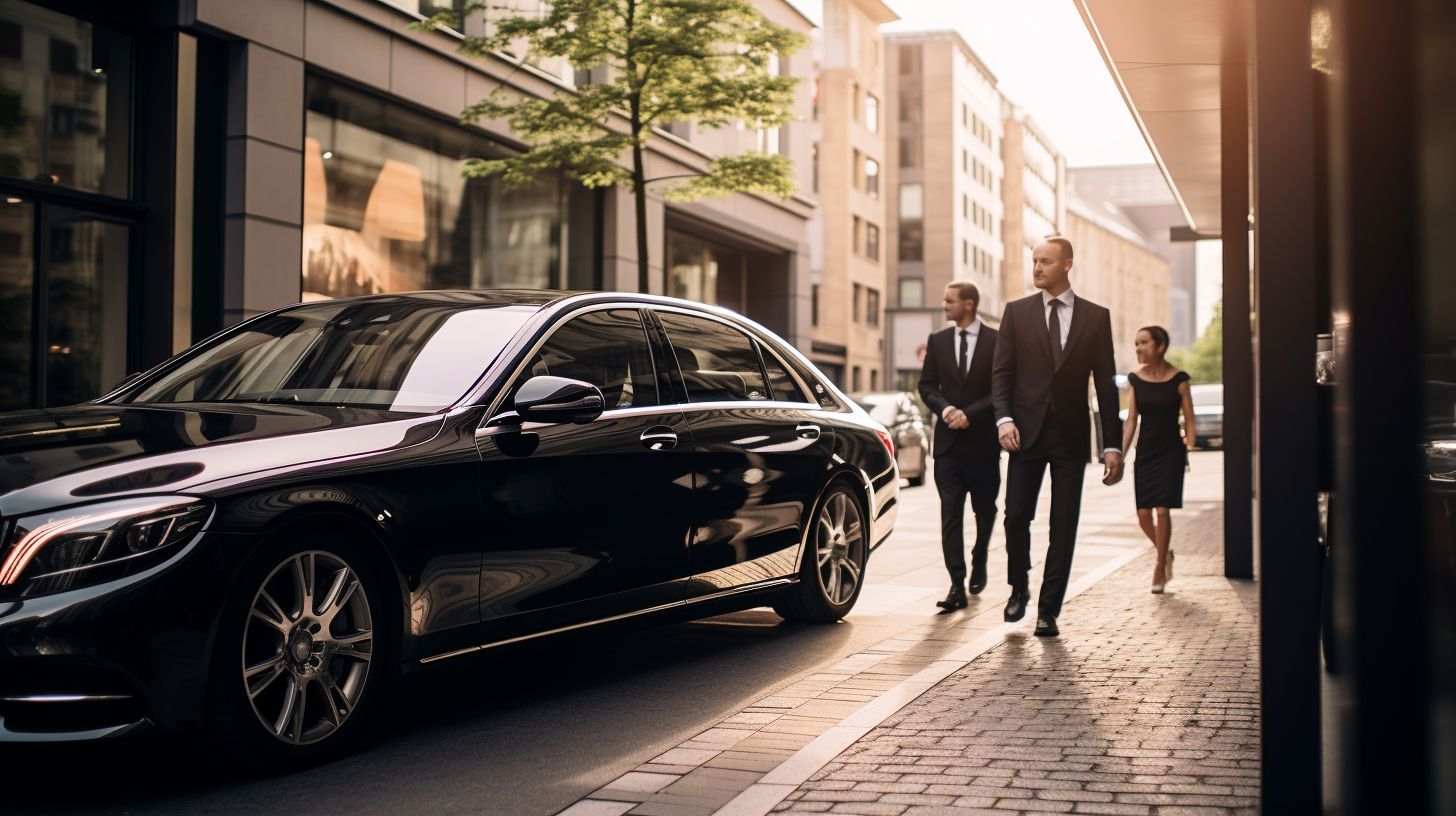 A couple being chauffeured in a luxurious Mercedes in a city.