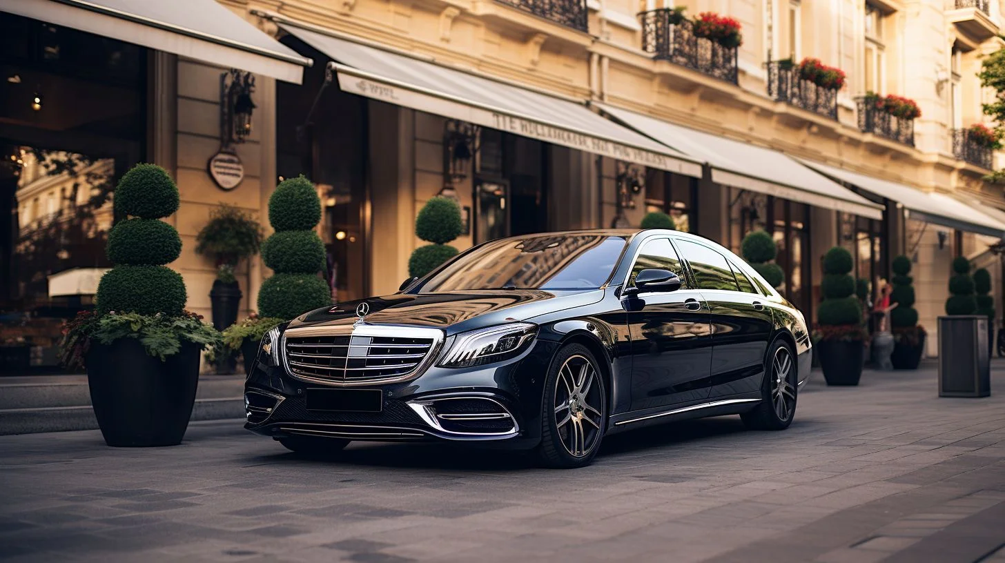 A Mercedes-Benz S-Class Parked In Front Of A Luxury Hotel Entrance. A Mercedes-Benz S-Class parked in front of a luxury hotel entrance.