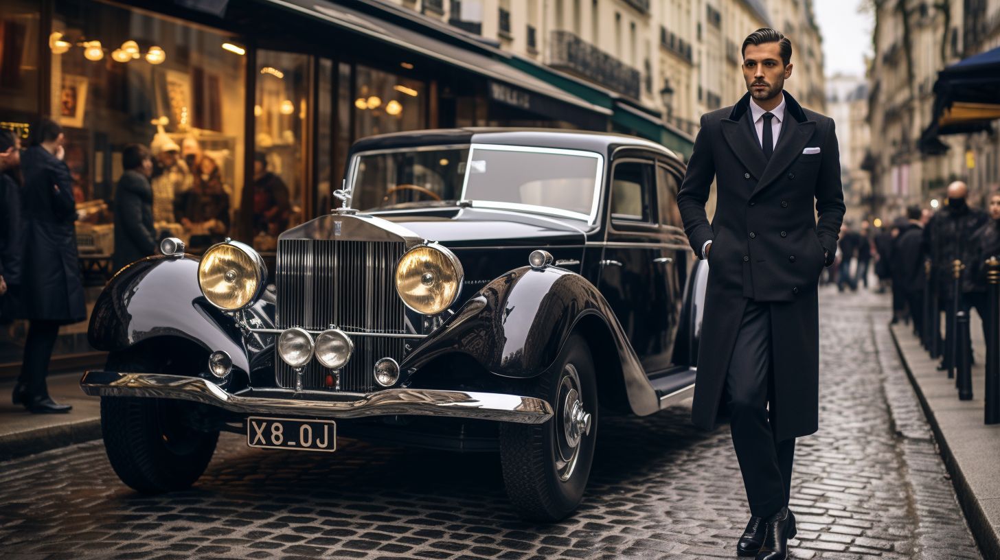 A chauffeur waits by a vintage car on a Parisian street.
