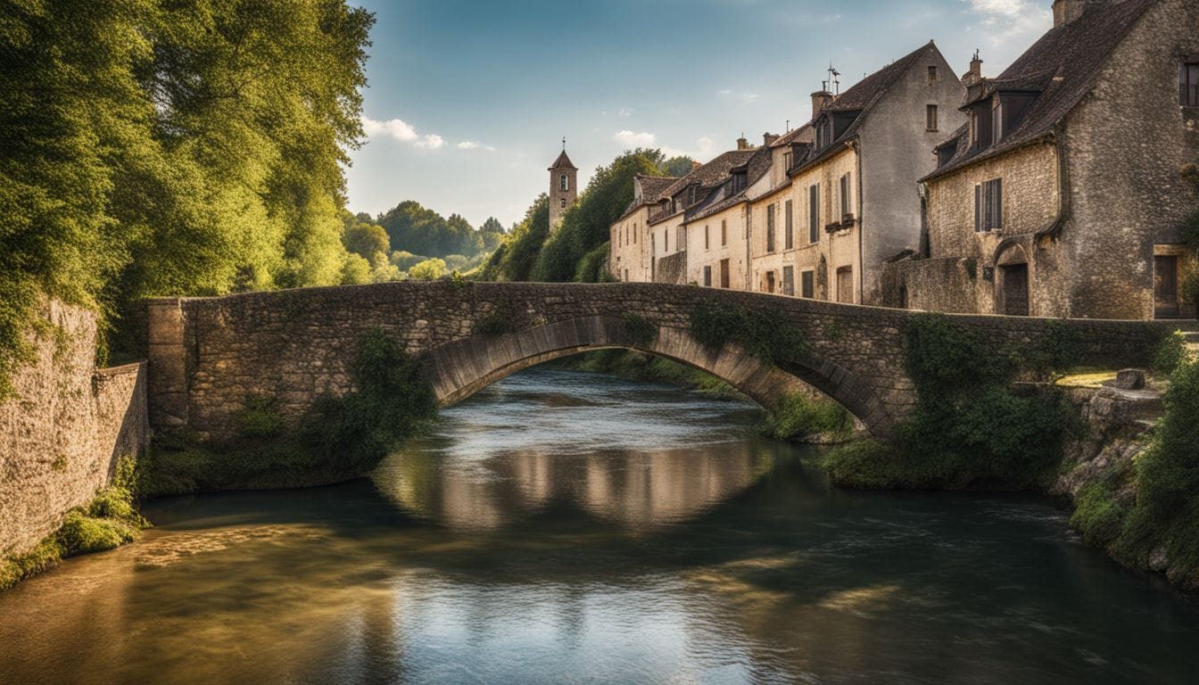 A scenic stone bridge over a calm river in a French village.