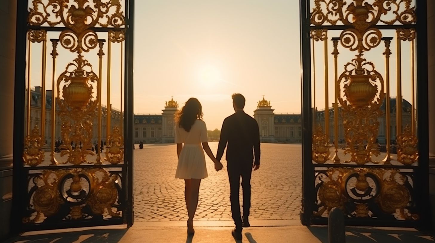 A couple walks towards the majestic gates of Versailles.