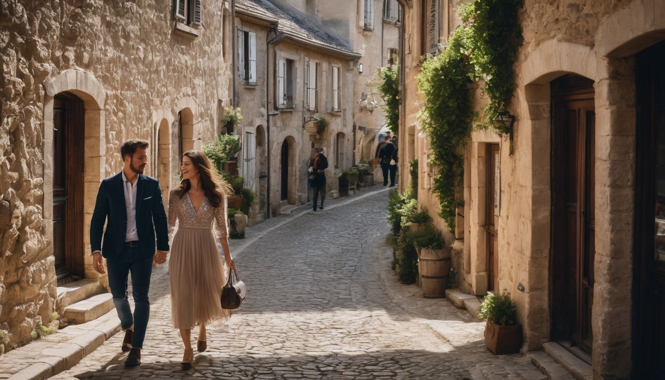 A man and a woman exploring a charming alleyway in a French village.