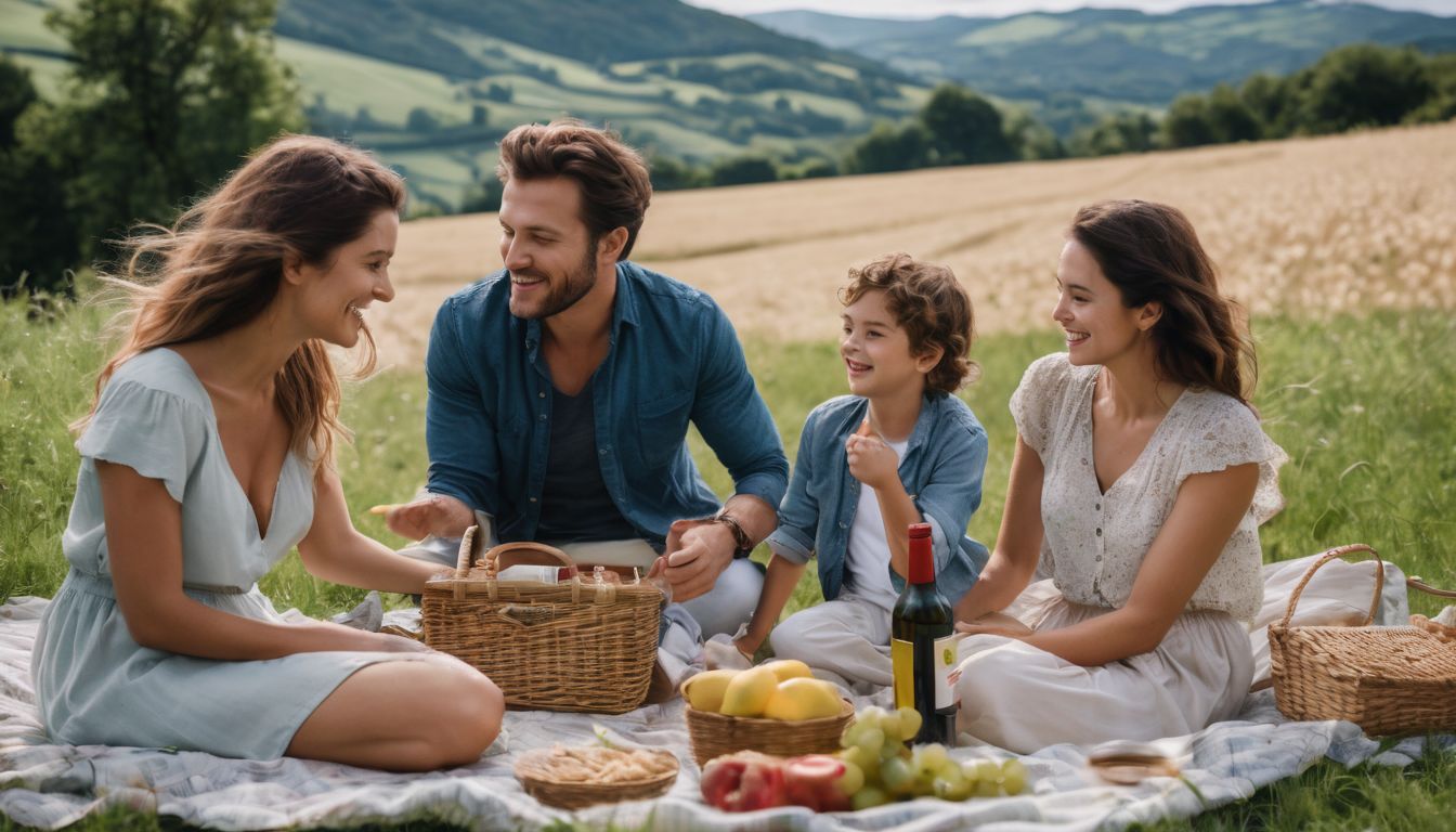 A family enjoying a picnic in the beautiful French countryside.