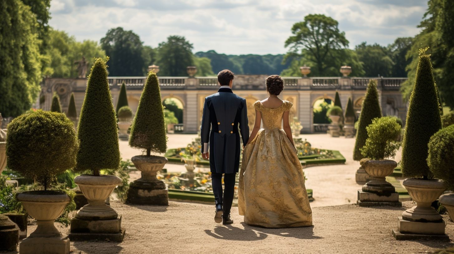 A royal couple in elegant attire stands in the opulent gardens of Versailles.