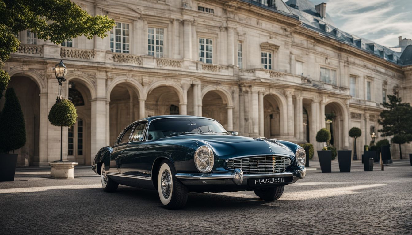 A luxurious private car parked in front of the grand Fontainebleau estate.