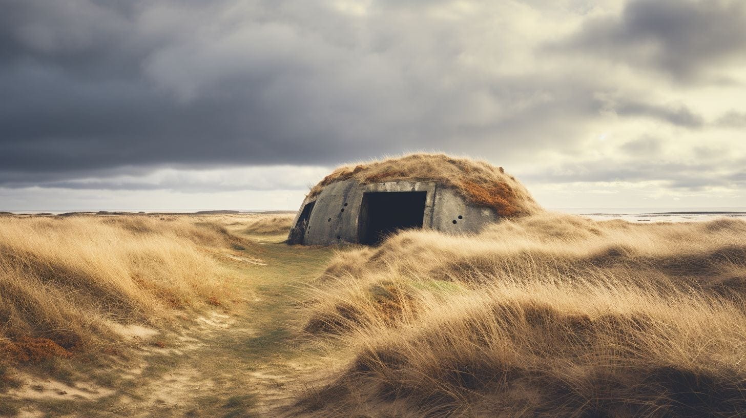 The image depicts the abandoned military equipment and bunkers on Utah Beach.